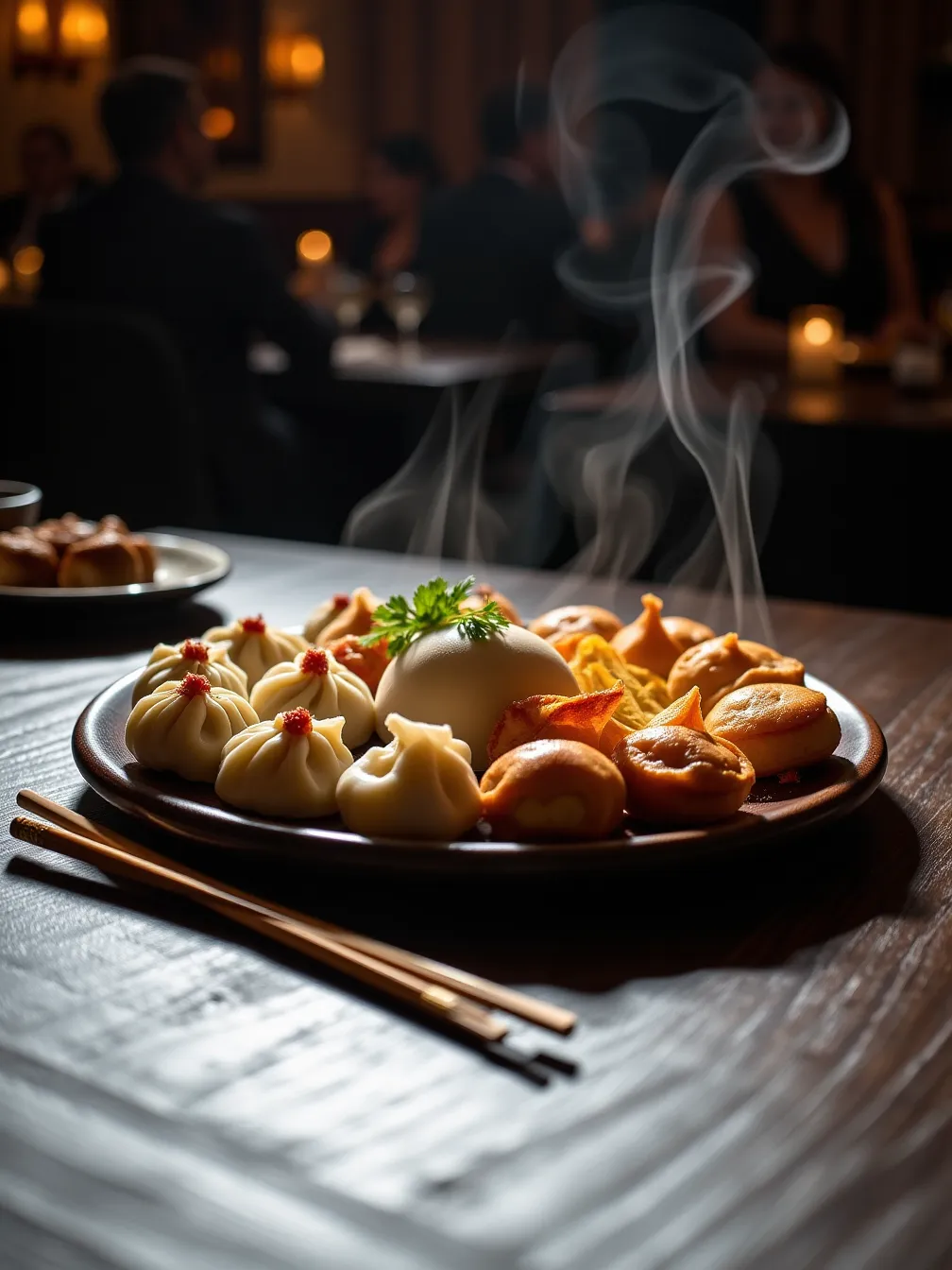 Elegant Dim Sum Platter on Dark Wooden Table